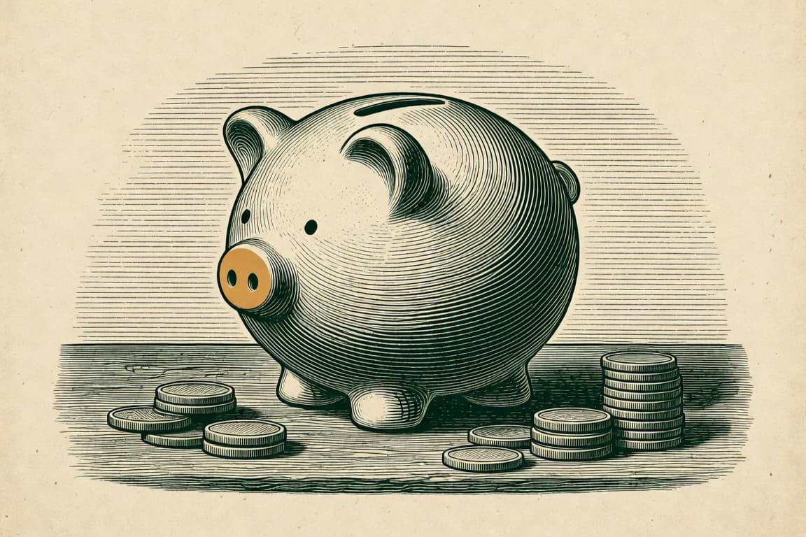 Grabado a tinta verde de una hucha con el hocico dorado, rodeada de monedas