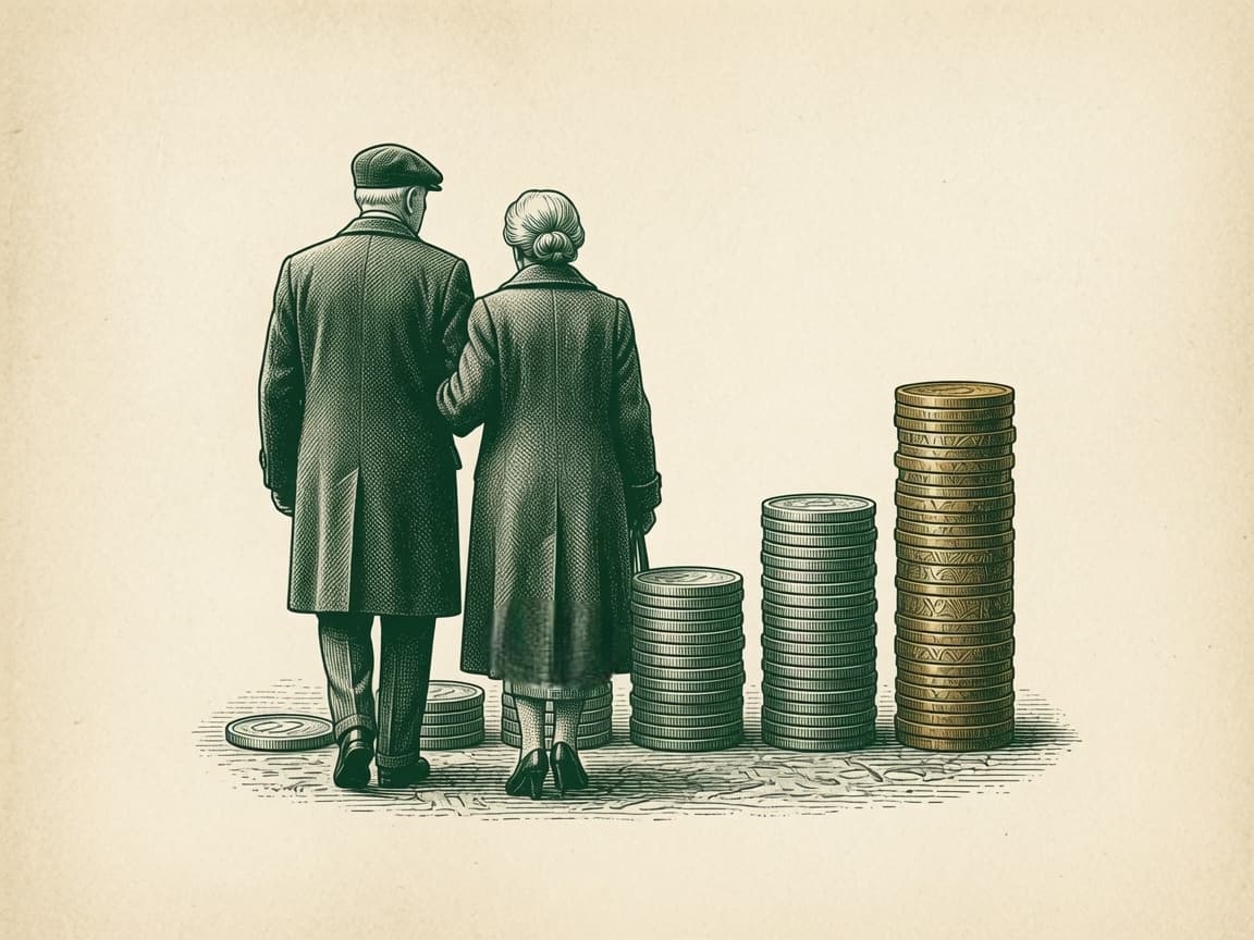 Grabado de una pareja mayor de espaldas junto a columnas de monedas crecientes, la más alta dorada