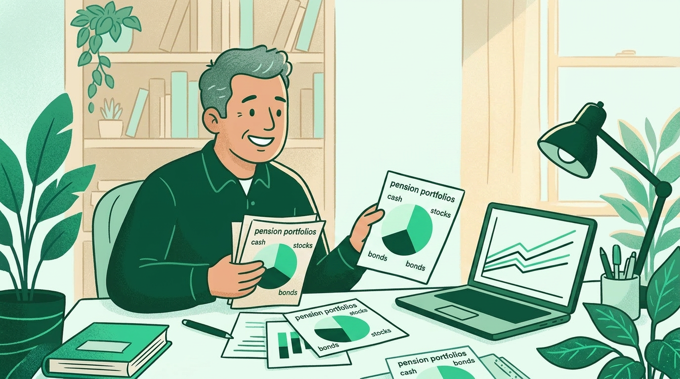 Ilustración conceptual de varios planes de pensiones con la misma composición de activos, mostrando diversificación aparente