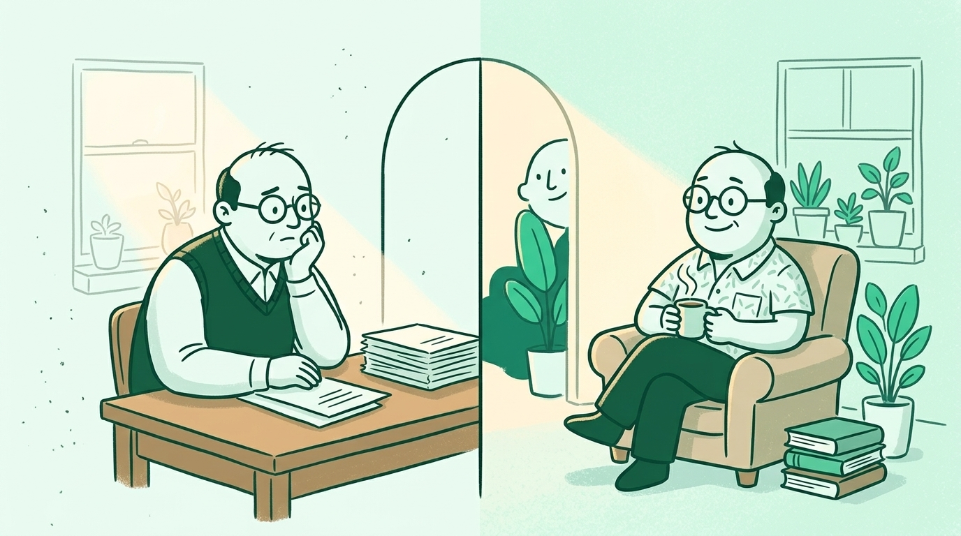 Ilustración conceptual del experimento mental de la jubilación instantánea