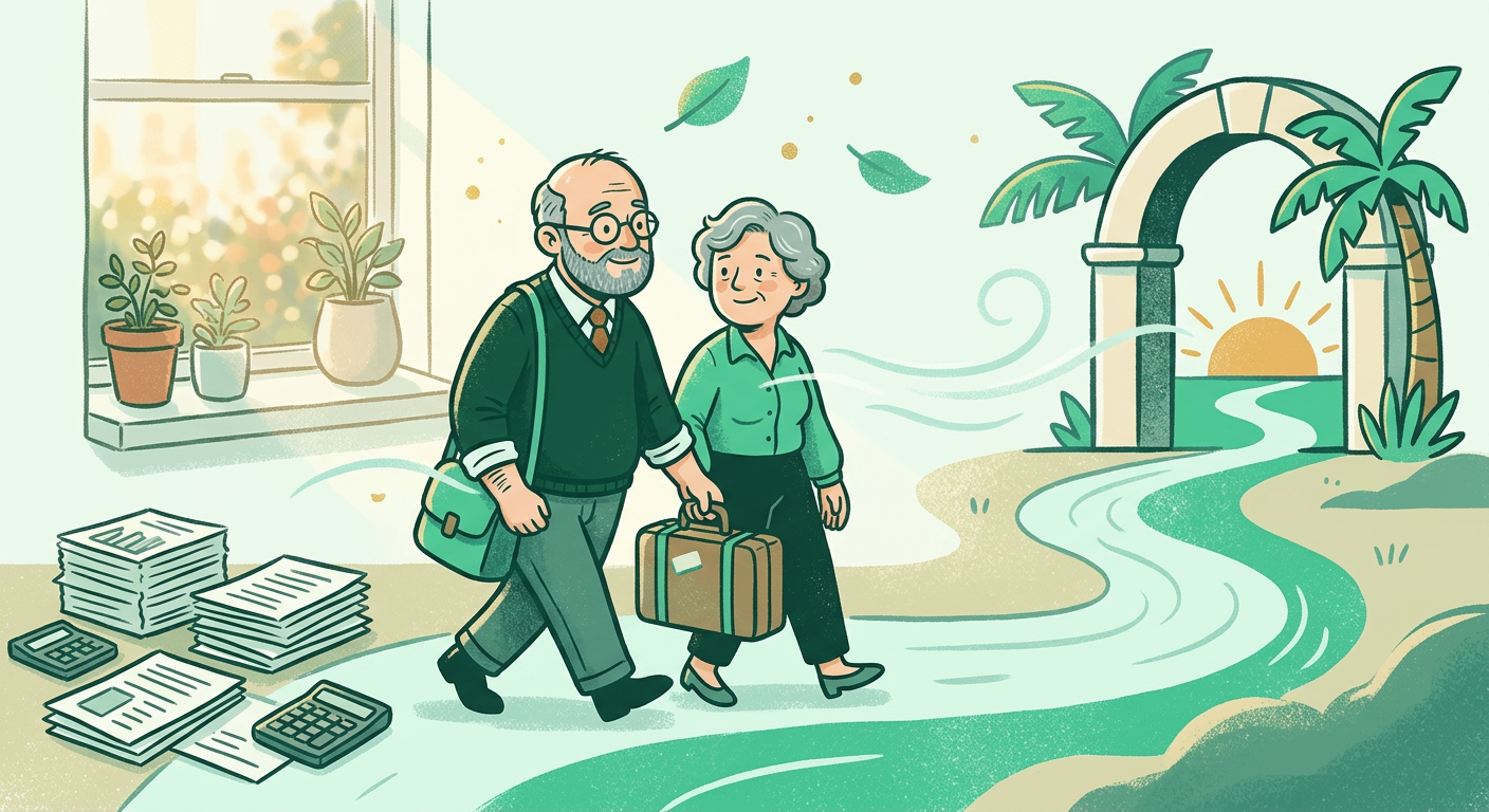 Pareja madura caminando hacia una jubilación planificada con tranquilidad
