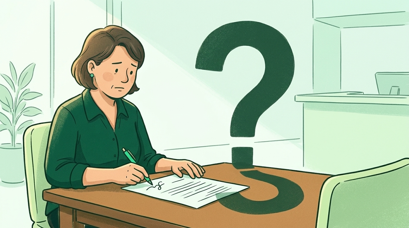 Ilustración conceptual de una persona firmando un producto financiero en el banco sin saber qué está firmando